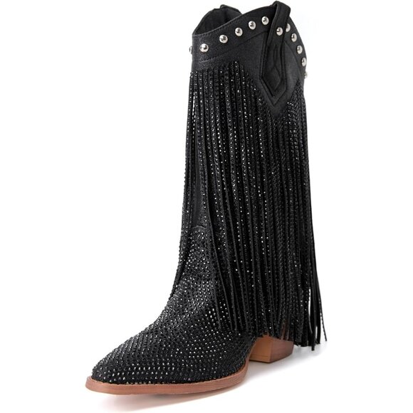 ⚡Women's Black Pointed toe Thick Heel Ankle Boot Ladies Crystal Embroider - Picture 3 of 6